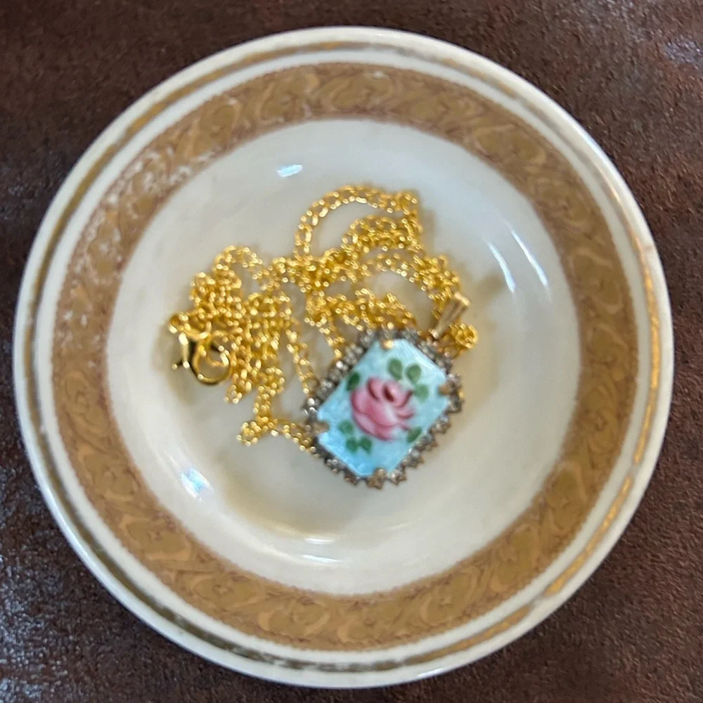 Vintage Guilloché Rose Pendant Necklace